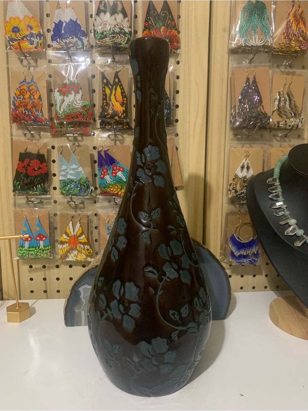 Better Homes And Gardens Brown Vase with Blue Floral Motif